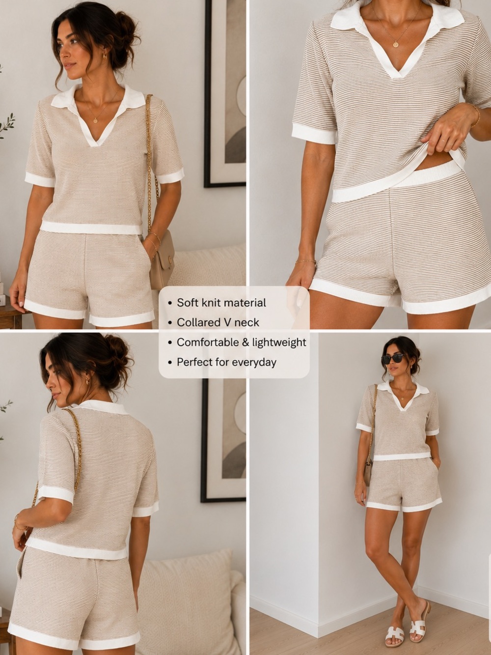 Casual Collared Knit Lounge Set - Beige & White